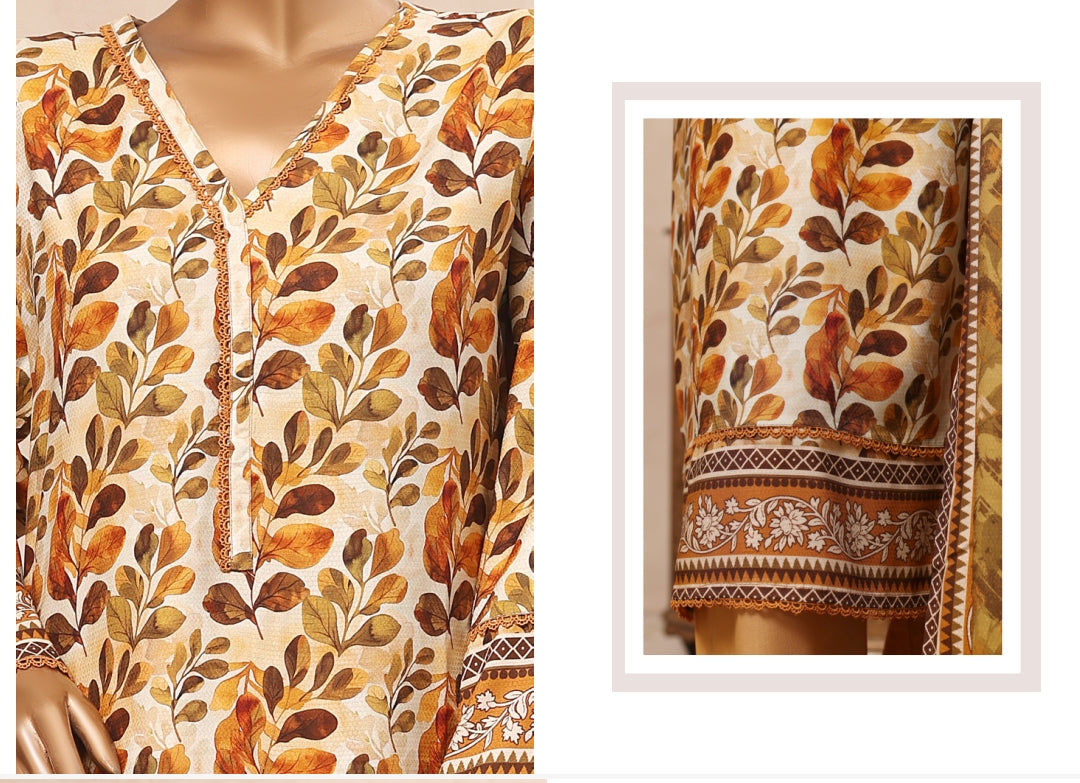 Riwayat Botanical Leaf Printed & Lace Detailed Suit - 3 Piece Unstitched