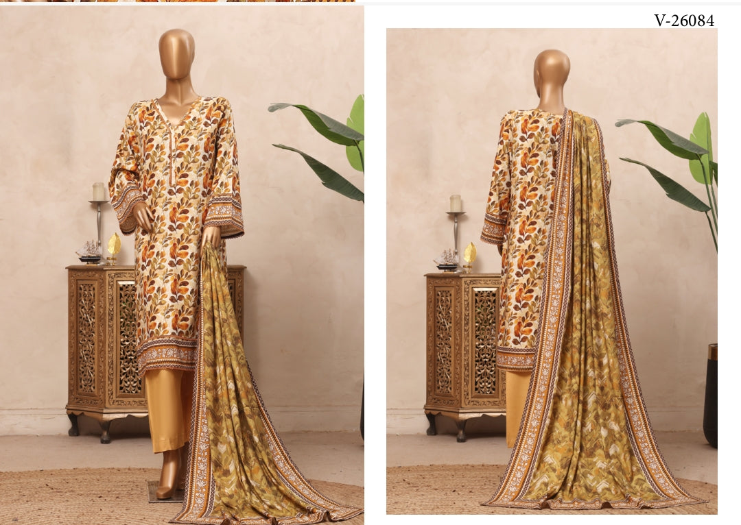 Riwayat Botanical Leaf Printed & Lace Detailed Suit - 3 Piece Unstitched
